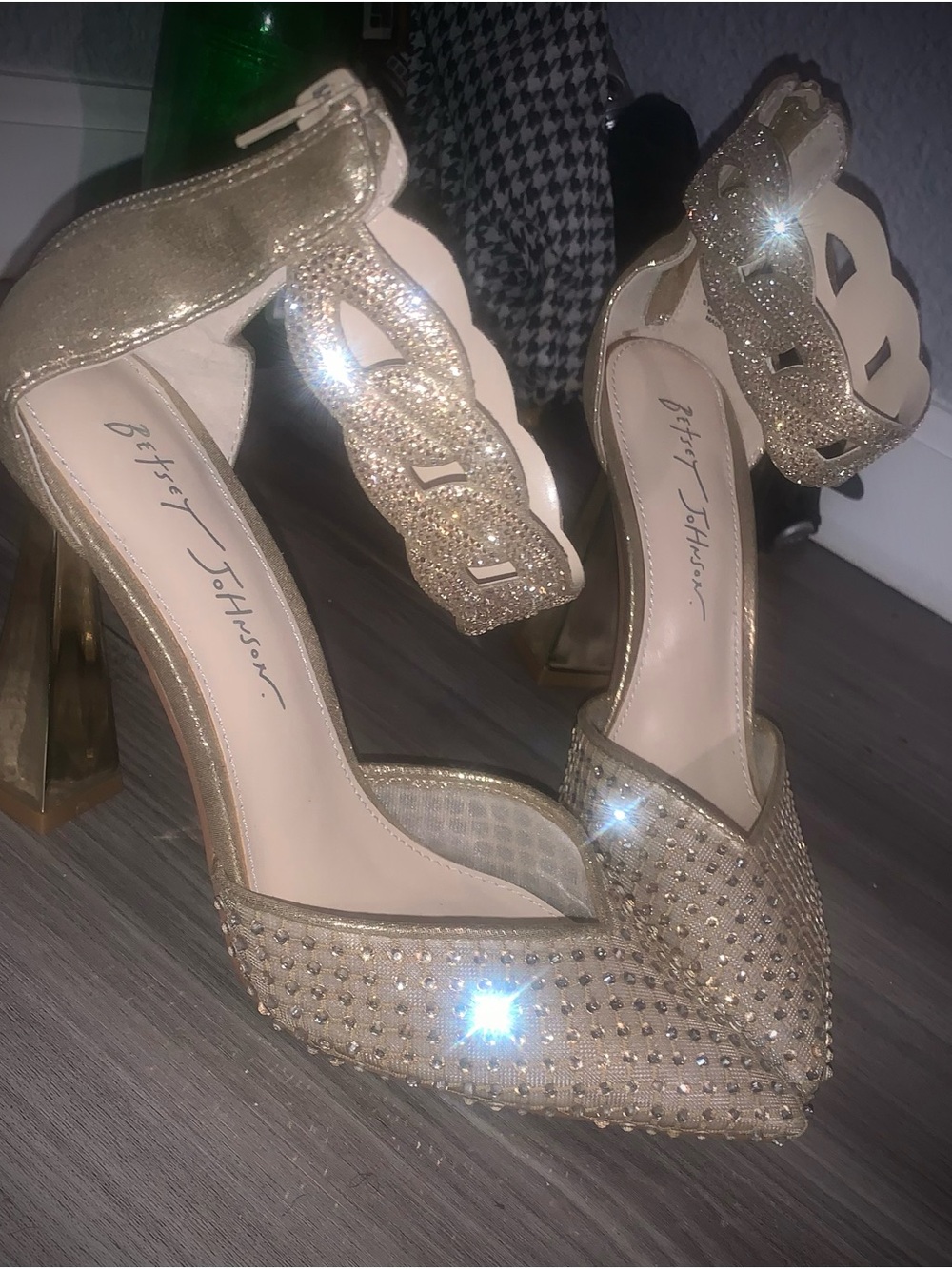 Betsey Johnson Gold Glitter Crystal Pointed Ankle-Strap Heels